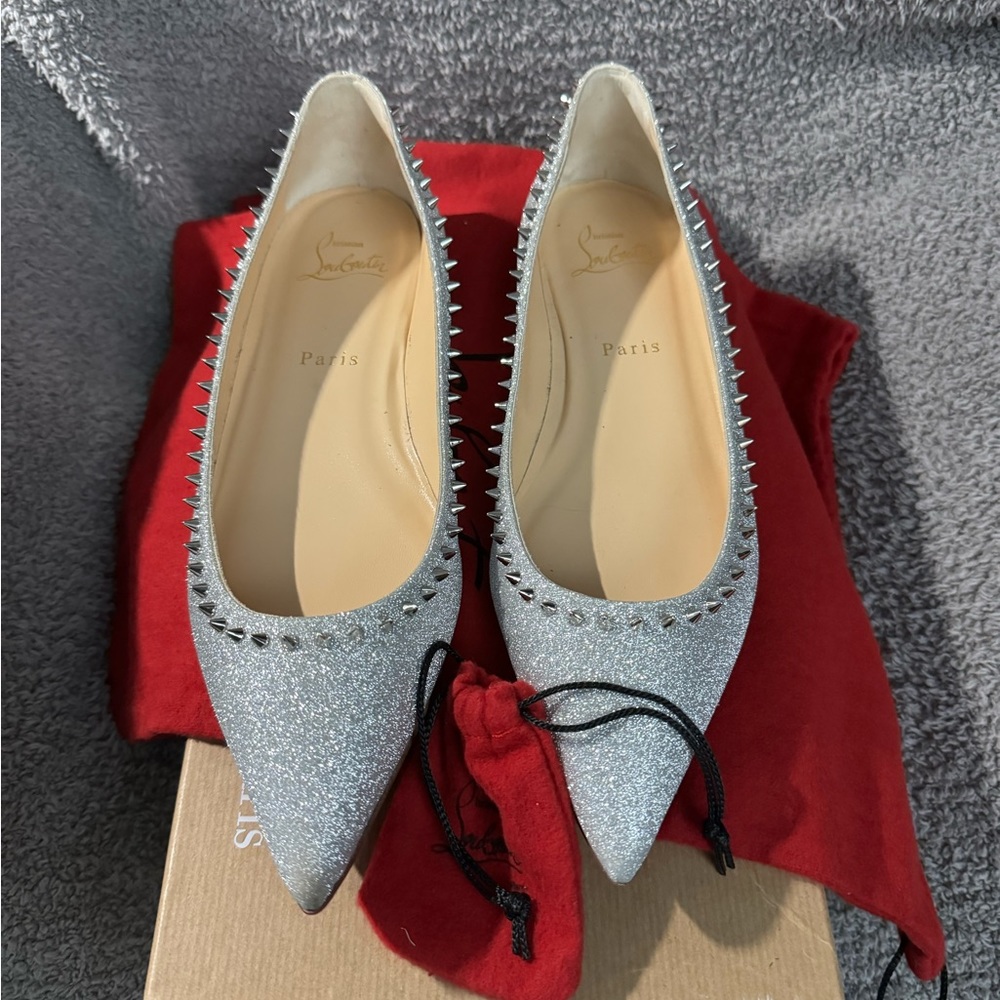 Christian Louboutin Silver Glitter Pointed Toe Studded Flats